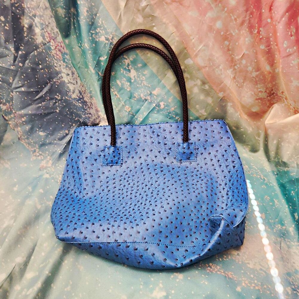 Women's Blue Feux Ostrich Tote Bag Double Handles Leopard Lined, Inner Pockets